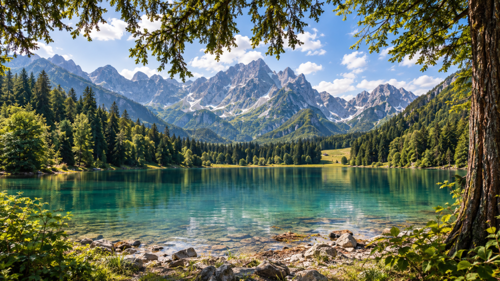 Lago alpino circondato da boschi di conifere, monti rocciosi sullo sfondo e cielo blu con nuvole.