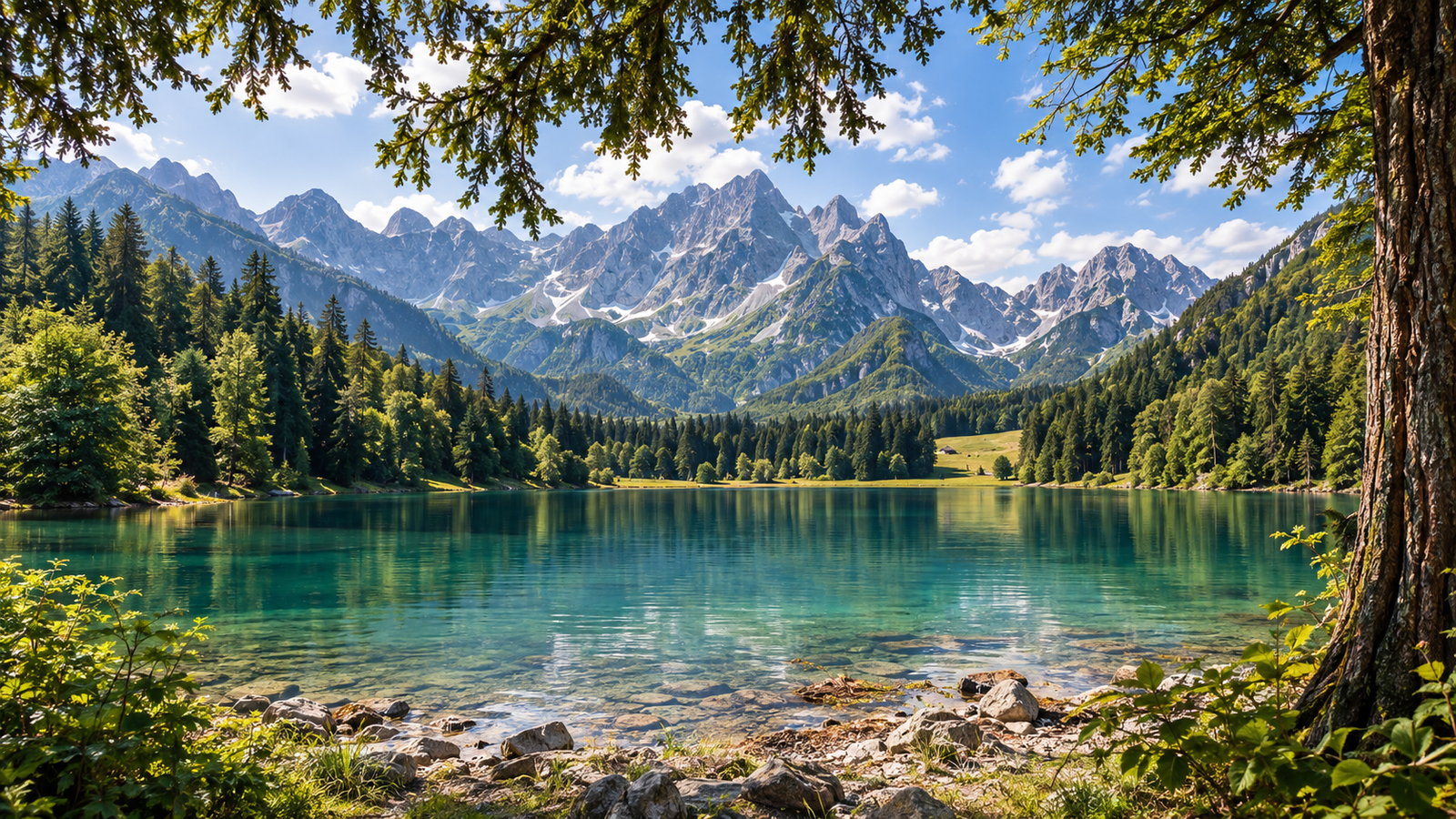 Lago alpino circondato da boschi di conifere, monti rocciosi sullo sfondo e cielo blu con nuvole.