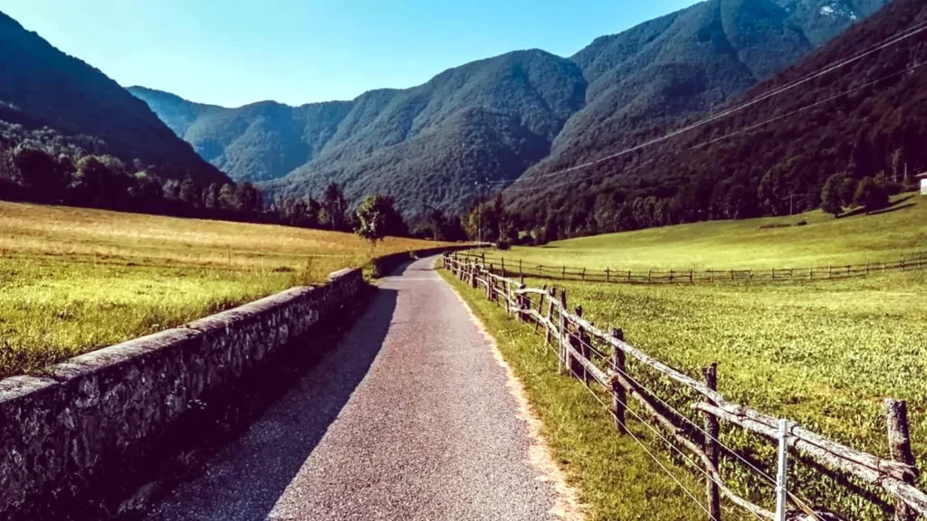 Ciclovia asfaltata tra prati verdi e recinzioni in legno, circondata da montagne boscose.