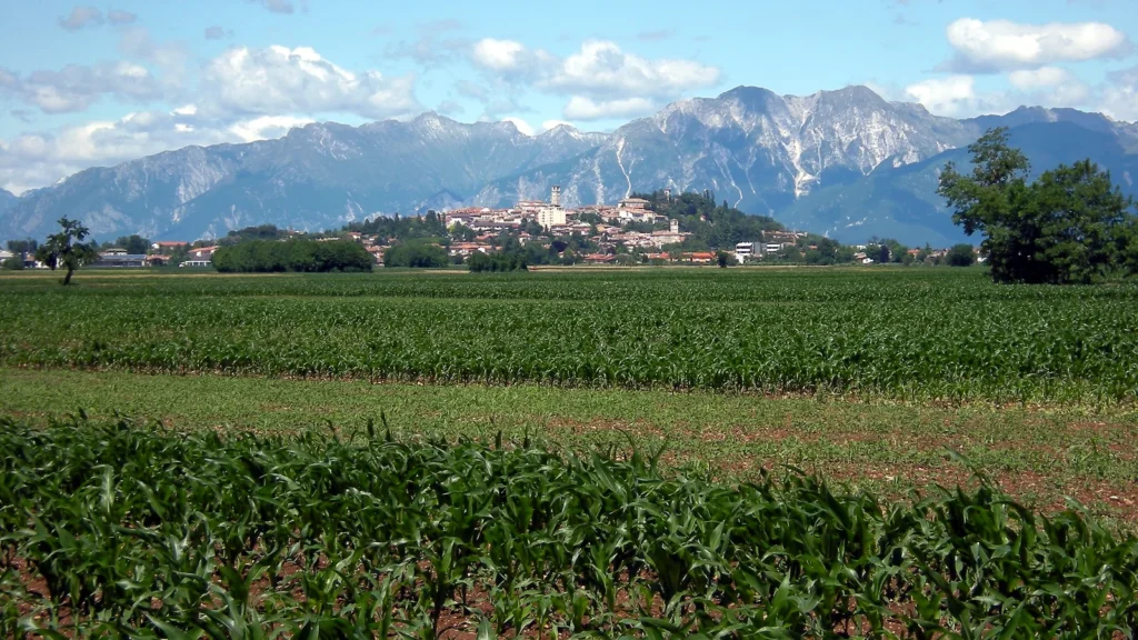 Pianura coltivata con campi verdi e montagne rocciose sullo sfondo, piccolo centro abitato tra i campi.