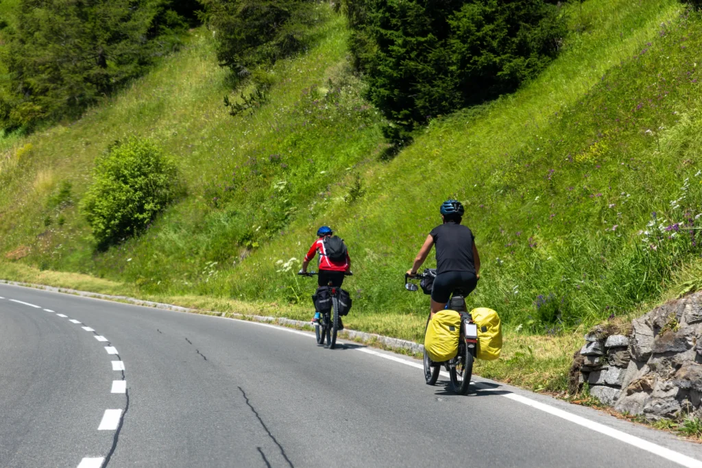 Due cicloturisti in salita su strada asfaltata circondata da prati verdi e boschi.