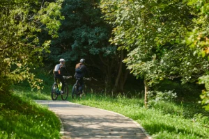 Due ciclisti su una ciclovia asfaltata immersa in vegetazione verde lussureggiante e alberi ad alto fusto.